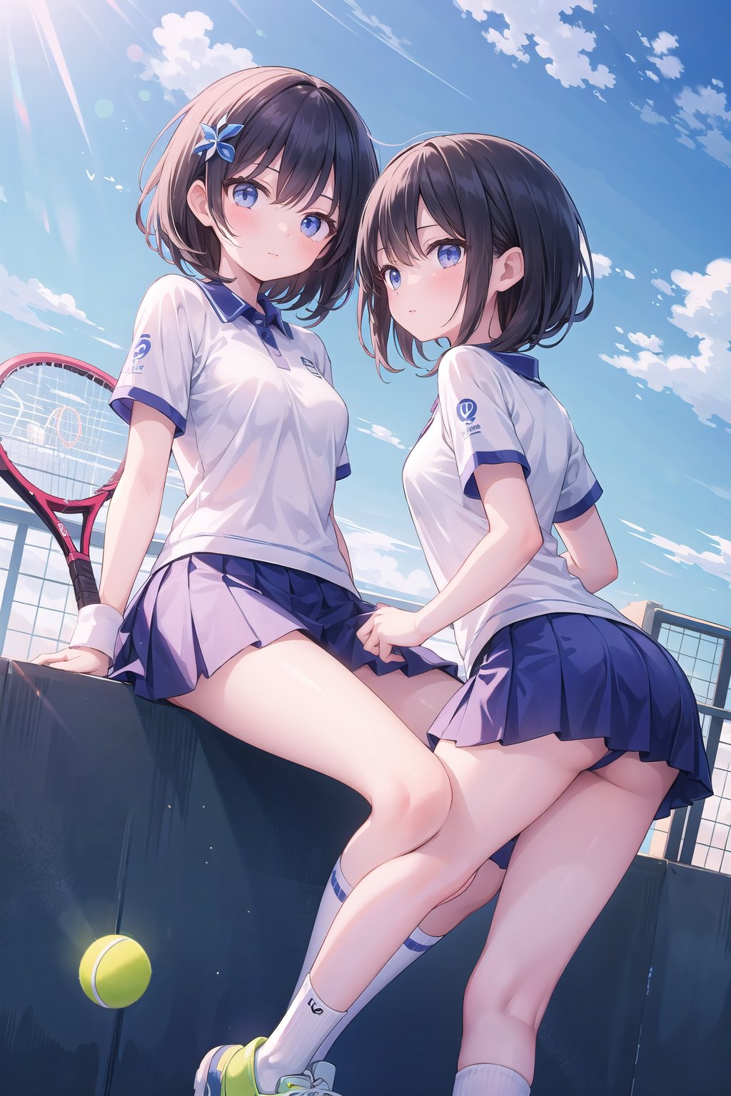 (masterpiece), (2girls), tennis uniform, dynamic angle