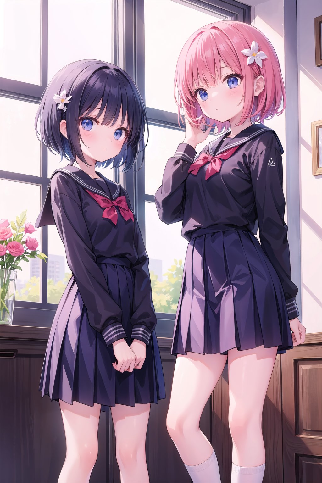 (masterpiece), 2girls, short hair, school uniform, flower hairornament, lilly