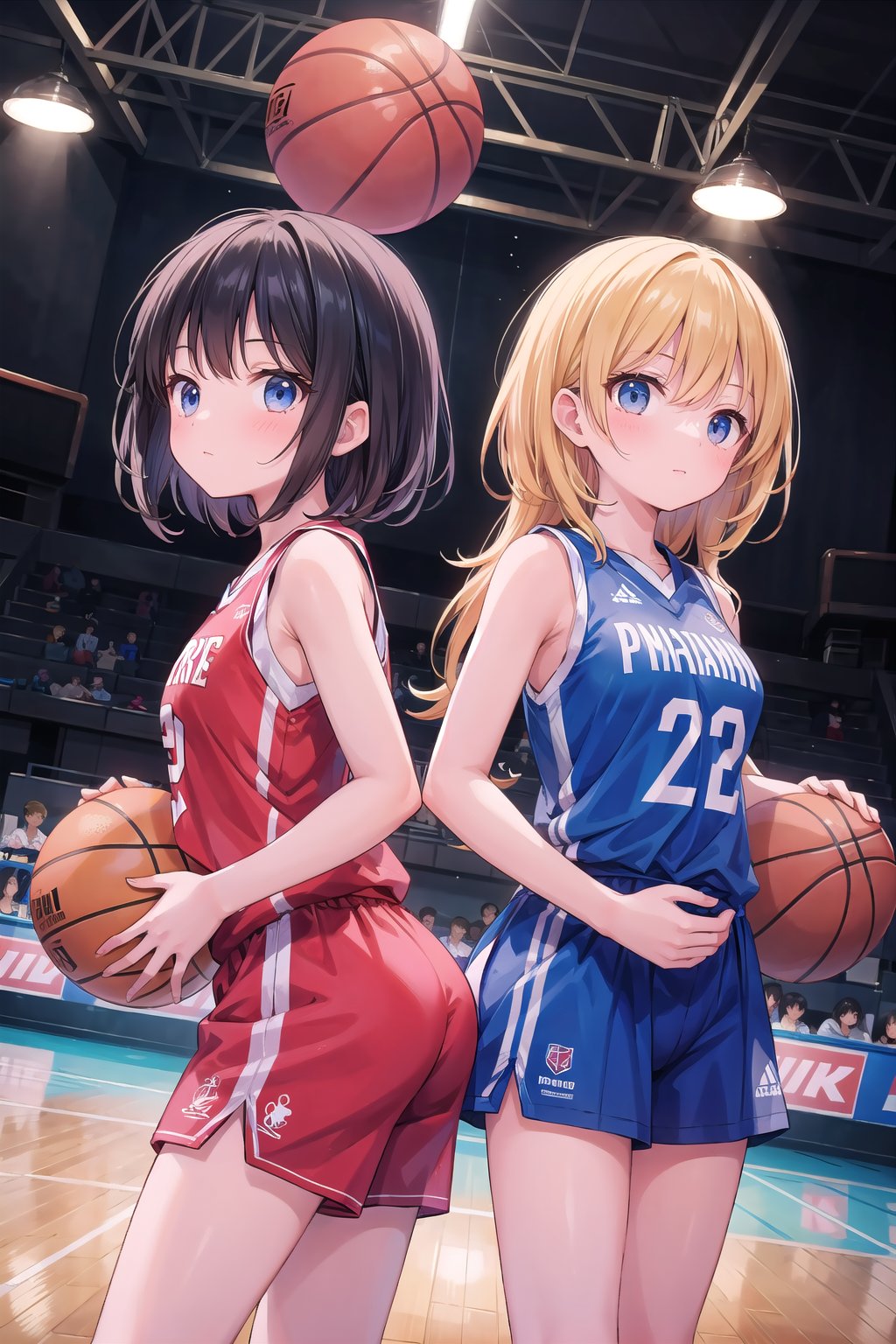 (masterpiece), (2girls), basketball uniform, dynamic angle