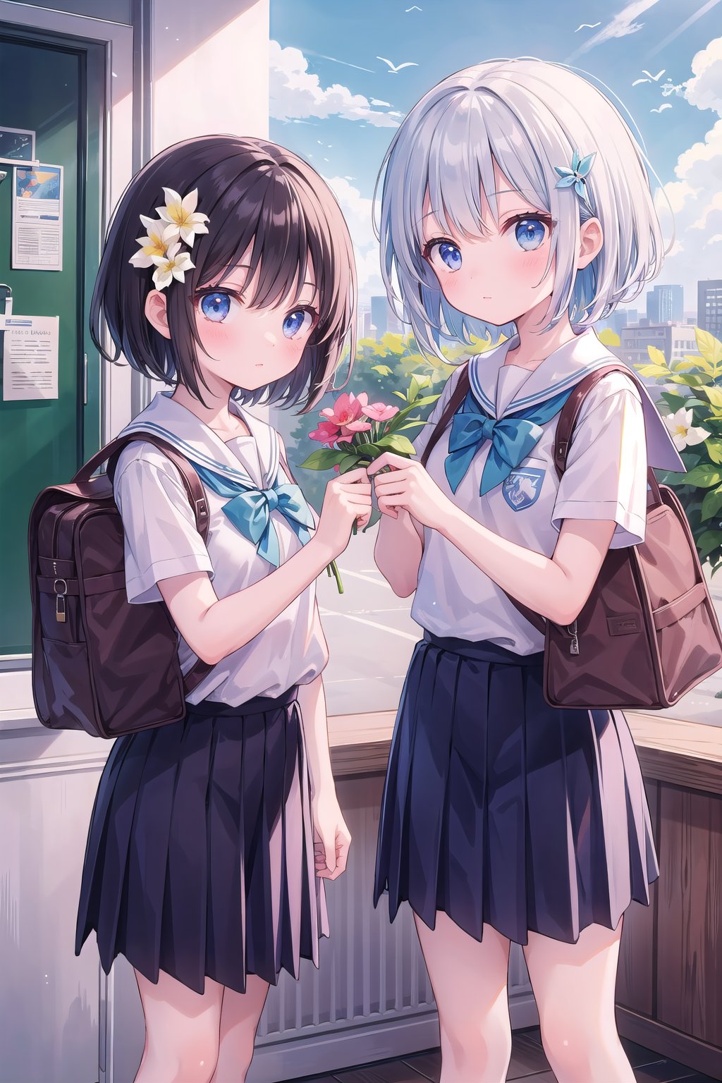 (masterpiece), 2girls, short hair, school uniform, flower hairornament, lilly