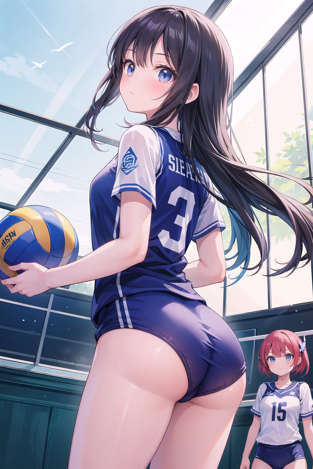 (masterpiece), (2girls), volleyball uniform, dynamic angle