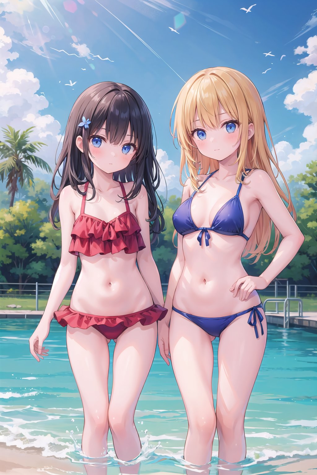 (masterpiece), (2girls), casual swimsuit