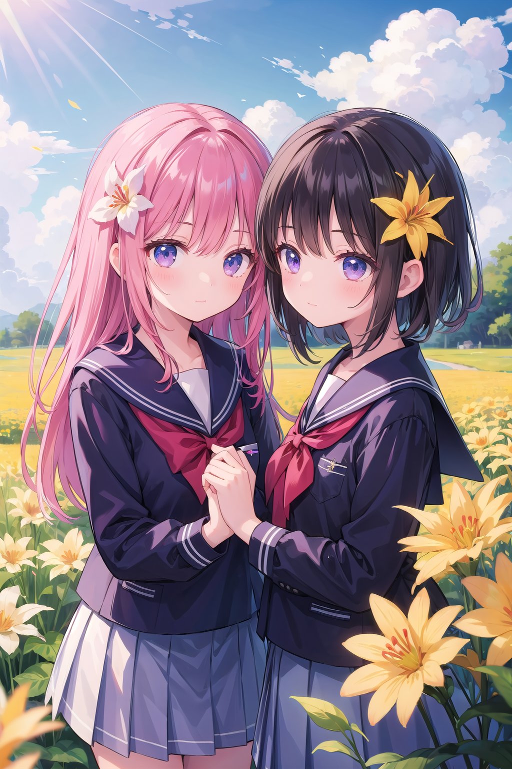 (masterpiece), 2girls, school uniform, flower hairornament, flower field, lilly, yuri