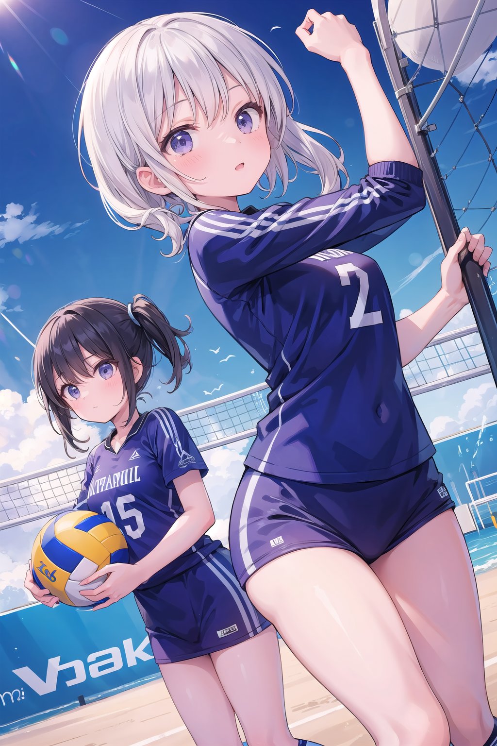 (masterpiece), (2girls), volleyball uniform, dynamic angle