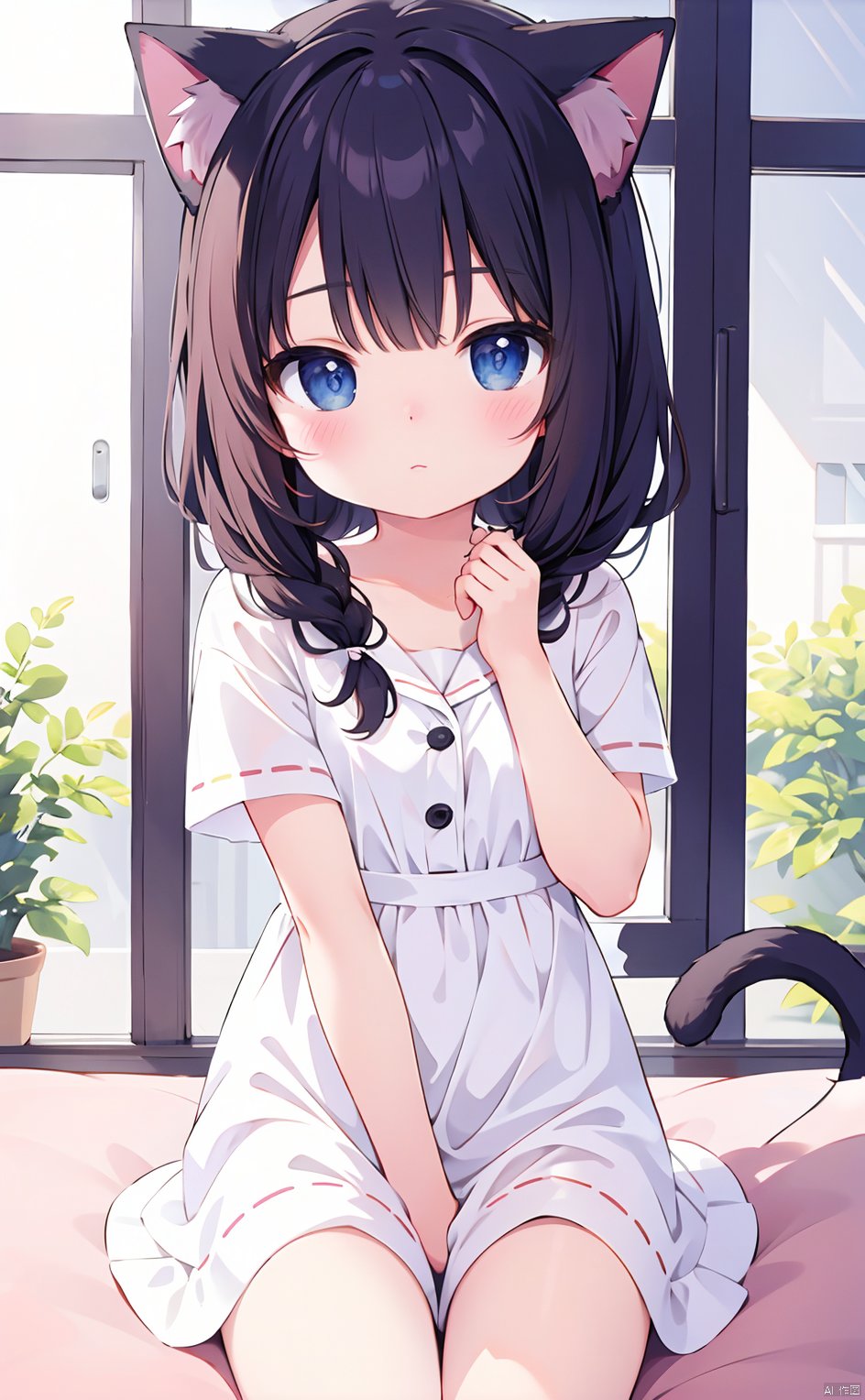  masterpiece,8k,best quality,loli,solo,kawaii,(depth of field),bunches,room,cat ear,white ribbon