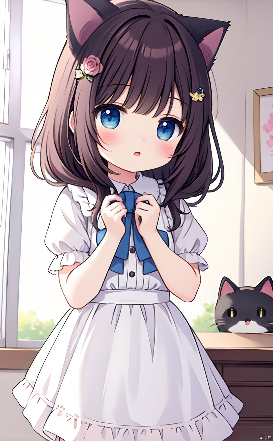  masterpiece,8k,best quality,loli,solo,kawaii,(depth of field),bunches,room,cat ear,white ribbon,