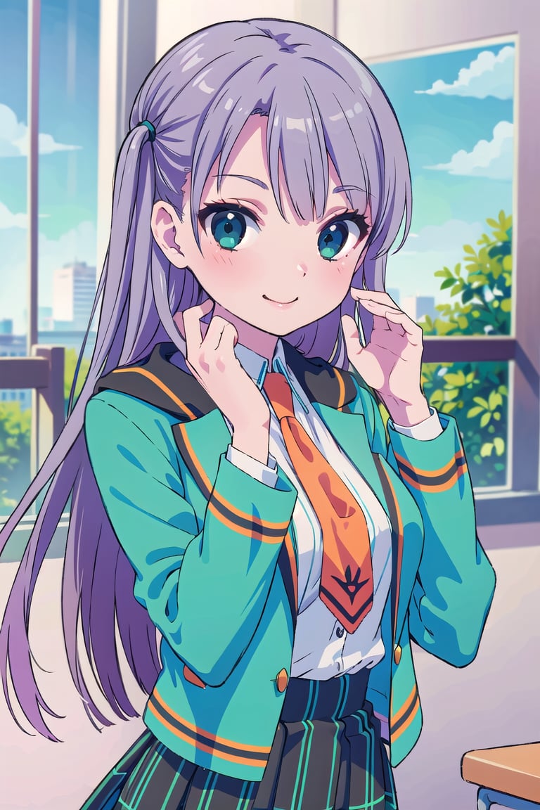 (masterpiece:1.3),best quality,Perfect Beauty Score: 1.5, 1girl,school uniform,Purple hair, long hair,orange tie, Blue-green jacket, (Skirt with green and black vertical stripes),happy face,(White blouse),Large pink heart mark on fingertips,School classroom, spring, windows, beautiful scenery, blue sky, hand combing hair,solo,upper_body,((Black neck collar,))