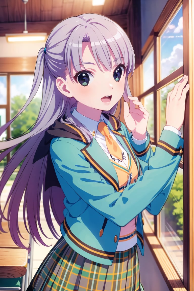 (masterpiece:1.3),best quality,Perfect Beauty Score: 1.5, 1girl,school uniform,Purple hair, long hair,orange tie, Blue-green jacket, (Skirt with green and black vertical stripes),happy face,(White blouse),Large pink heart mark on fingertips,School classroom, spring, windows, beautiful scenery, blue sky, hand combing hair,solo,upper_body,Black neck collar,