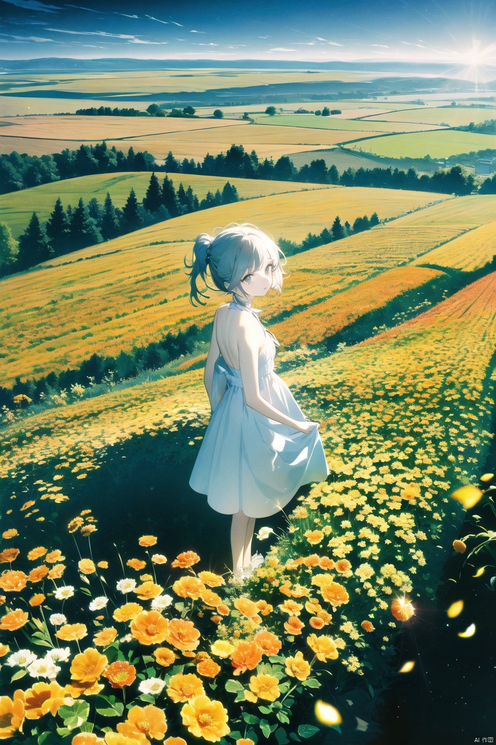  (official art, 8k wallpaper, ultra detailed, High quality, best quality),white flowers ,1girl,from above,bird's-eye_view,vintage filter,among flowers, backlight,limited_palette,white,field s of flowers