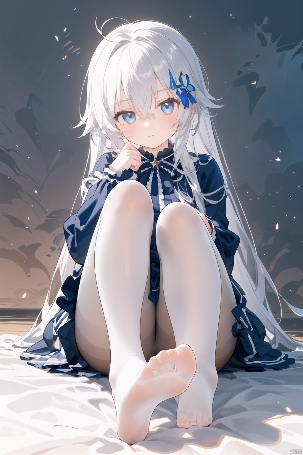  foot focus, 1girl, no shoes, solo, feet, pantyhose, soles, long hair, white pantyhose, looking at viewer, blue eyes, sitting, long sleeves, toes, bangs, foreshortening, hair between eyes, white hair, legs, frills, dress, hand up, thighband pantyhose, full body