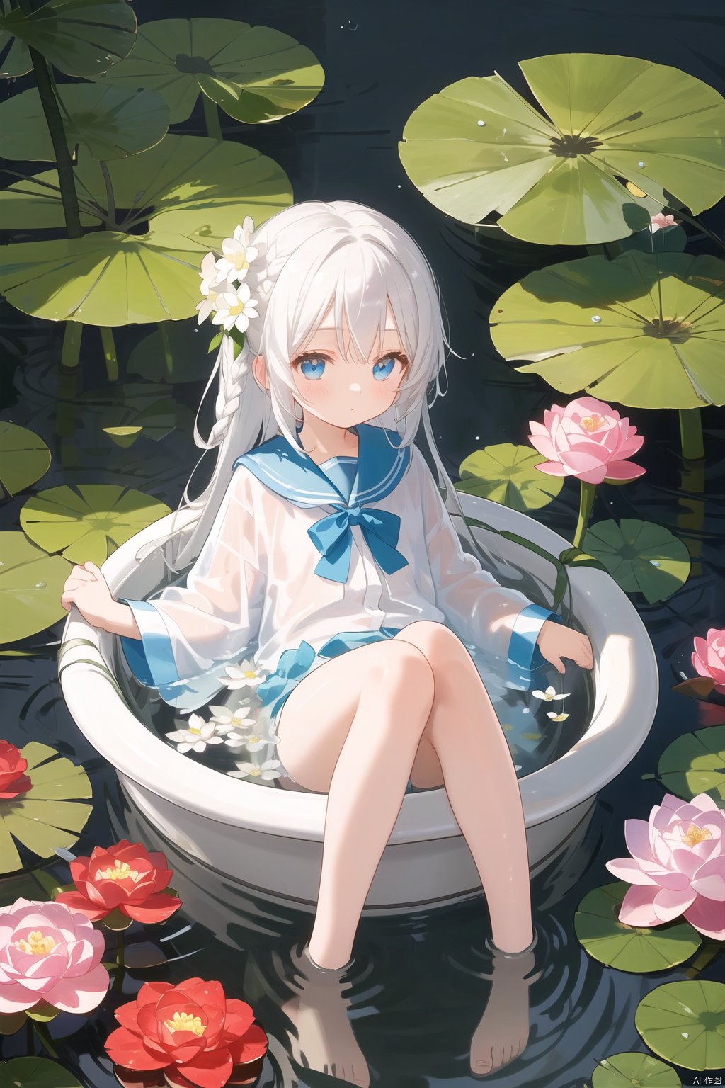  loli, petite, long hair, floating hair, messy hair, 1girl, white hair, white jacket, afloat, air bubble, bathtub, beach, berry, blue eyes, blue flower, bouquet, bow, braid, bubble, camellia, caustics, clover, coral, daisy, floral background, flower, food, fruit, hibiscus, horizon, hydrangea, in water, leaf, lily \(flower\), lily of the valley, lily pad, long sleeves, looking at viewer, lotus, ocean, partially submerged, petals on liquid, pink flower, purple flower, rain, red flower, ripples, rose, sailor collar, shallow water, snowflakes, soaking feet, solo, submerged, waves, white rose, yellow flower,,,,,, mz-hd, backlight