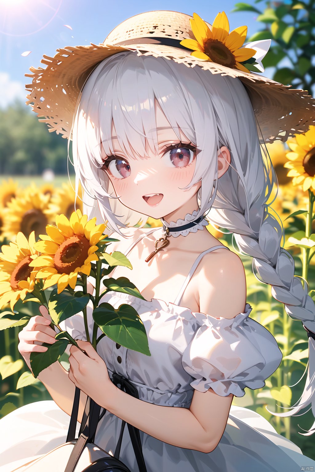  nai3, 1girl,white hair,red eyes,portrait,1girl, sunflower, flower, solo, hat, long hair, braid, dress, smile, open mouth, looking at viewer, holding, white dress, short sleeves, straw hat, collarbone, :d, outdoors, blurry, bangs, bare shoulders, yellow flower, ribbon, petals, upper body, red eyes, white hair,blurry background, holding flower, sun hat, off shoulder, puffy short sleeves, brown headwear, ribbon choker, blush, puffy sleeves, choker, hat flower, frills, day, depth of field, off-shoulder dress, white ribbon, single braid, backlight