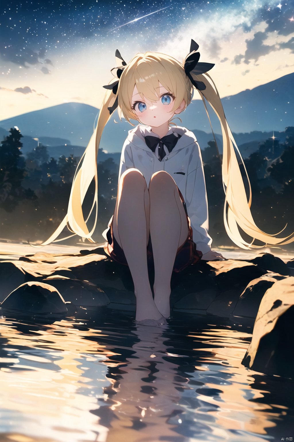  (masterpiece:1.2),best quality, 1girl,blonde hair,blue eyes,(very long twin tails,looking up),sharp hair,sitting,rocks,river,((reflection,night,star_(sky))),