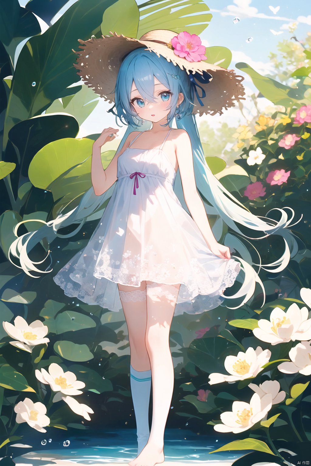 1girl,solo,loli, expressionless,(+++a girl with lightblue long gradient hair and blue aqua eyes+++:1.2),with butterfly,standing , constricted pupils,(hair flowers),small breasts, long bangs,hime cut,(solo:1.5),
botanical garden,magnolia,flower ,  beautiful detailed water, beautiful detailed sky,  fluttered detailed splashs,
cocktail dress, c hat,  long messy hair, pink and blue,  loose socks,  straw hat,white thighhighs,barefoot, leg ribbon, ,