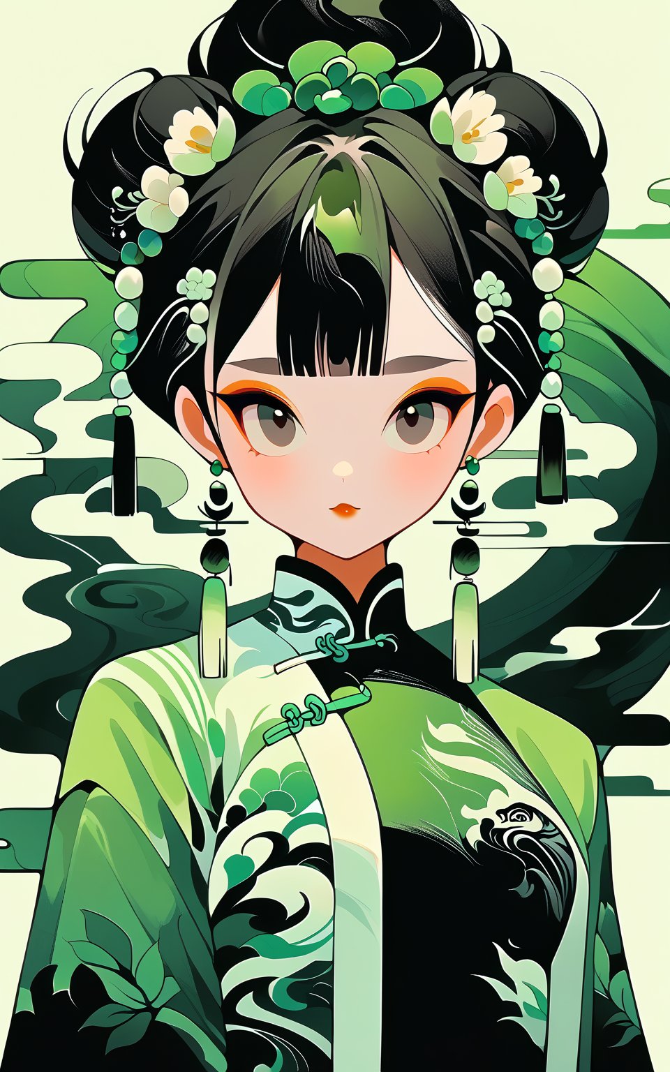 score_9,score_8_up,score_7_up, 1girl,looking at viewer,bangs,black hair,hair ornament,long sleeves,dress,jewelry,closed mouth,upper body,flower,earrings,hair flower,hair bun,black eyes,makeup,leaf,chinese clothes,single hair bun,white flower,animal print,tassel,china dress,eyeshadow,straight-on,egasumi