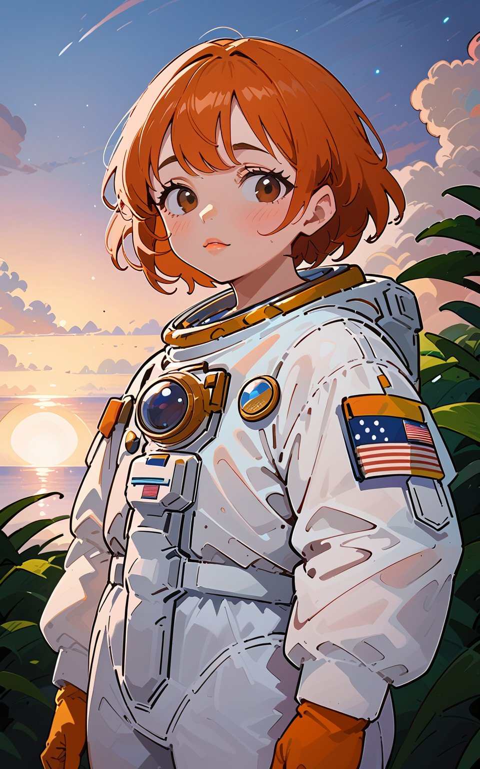 score_9,score_8_up,score_7_up, 1girl,looking at viewer,blush,short hair,bangs,brown hair,gloves,long sleeves,brown eyes,closed mouth,standing,cowboy shot,outdoors,sky,cloud,bag,orange hair,lips,ocean,backpack,plant,sunset,horizon,american flag,orange gloves,spacesuit,japanese flag,space helmet,astronaut