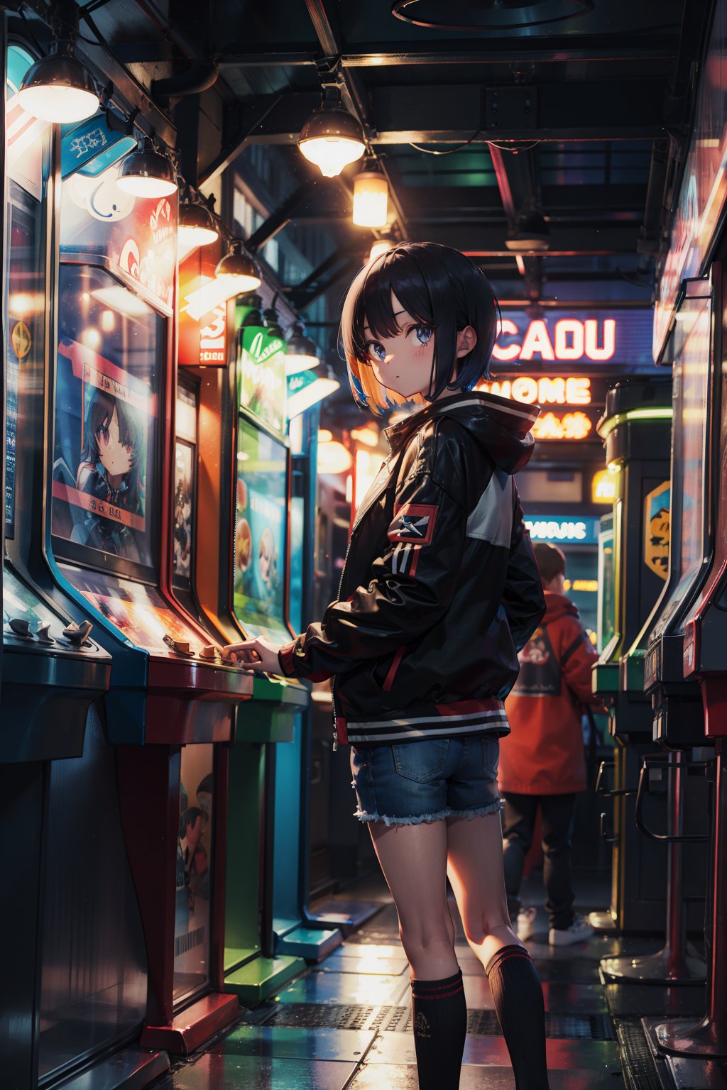 1girl,tomboy,jacket,short hair, at game arcade,masterpiece, high quality, best quality, highres
