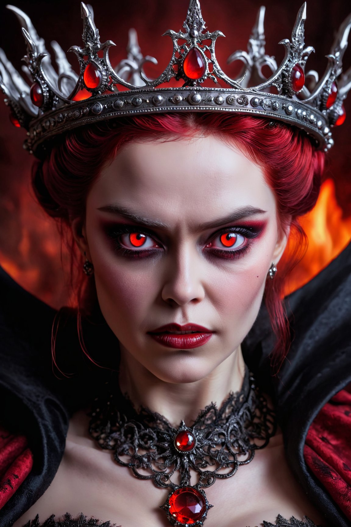 "Produce a spellbinding portrait of Lilith, the Queen of Hell, where her eyes burn with a captivating red hue, and her crown is an embodiment of magnificence. Her expression should command respect and allure. The art style should blend elements of dark fantasy and gothic art, with rich details and a strong contrast. The camera shot is an extreme close-up, accentuating the mesmerizing quality of her red eyes and the intricate beauty of the amazing crown."


,Extremely Realistic,more detail XL