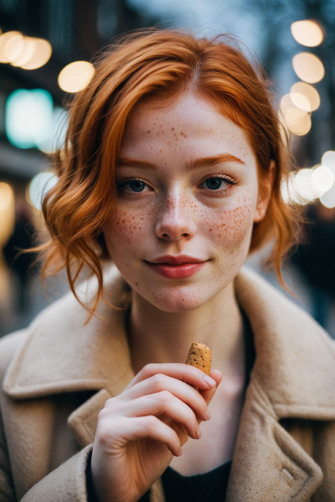 closed lips, cute smile, cinematic photo (art by Mathias Goeritz:0.9) , photograph, Lush Girlfriend, Tax collector, Rich ginger hair, Winter, tilt shift, Horror, specular lighting, film grain, Samsung Galaxy, F/5, (cinematic still:1.2), freckles . 35mm photograph, film, bokeh, professional, 4k, highly detailed ,1 girl,midjourney,yuzu, perfect, fingers,

,Extremely Realistic