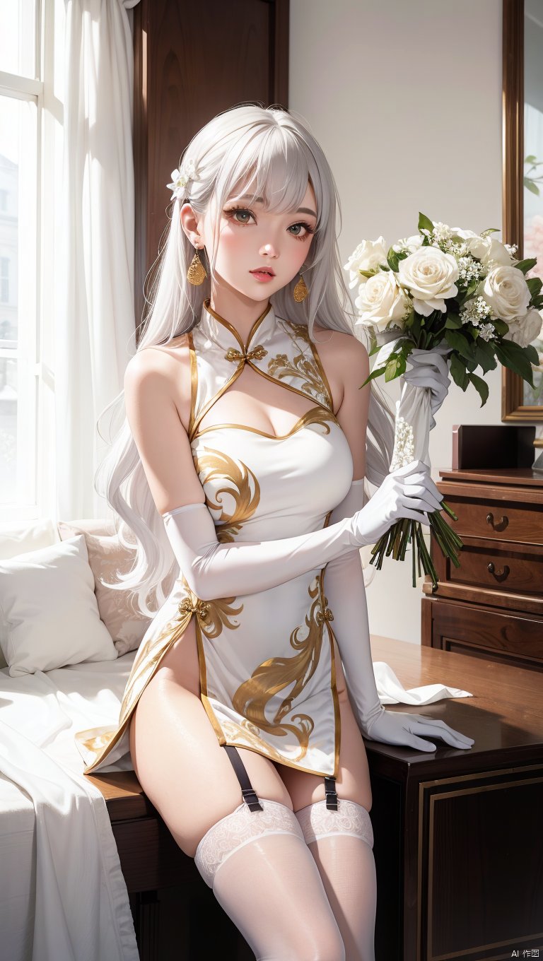  1girl,(lo style:1.5),bangs,lips,dress,long hair,brown eyes,thighhighs,bare shoulders,lo style chinese dress,chinese clothes,lipstick,realistic,bouquet,rose,jewelry,earrings,wavy hair,holding flower,gloves,elbow gloves,white gloves,makeup,white thighhighs,white hair,indoors,curtains,sitting, facing away,chair,flowers,standing,Masterpiece, Poster, Best Quality, poster, 2d game characters, Masterpiece, title, three game characters, Ice Element Tiger Knight
