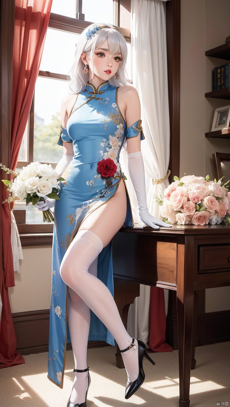  1girl,(lo style:1.5),bangs,lips,dress,long hair,brown eyes,thighhighs,bare shoulders,lo style chinese dress,chinese clothes,lipstick,realistic,bouquet,rose,jewelry,earrings,wavy hair,holding flower,gloves,elbow gloves,white gloves,makeup,white thighhighs,white hair,indoors,curtains,sitting, facing away,chair,flowers,standing,Masterpiece, Poster, Best Quality, poster, 2d game characters, Masterpiece, title, three game characters, Ice Element Tiger Knight
