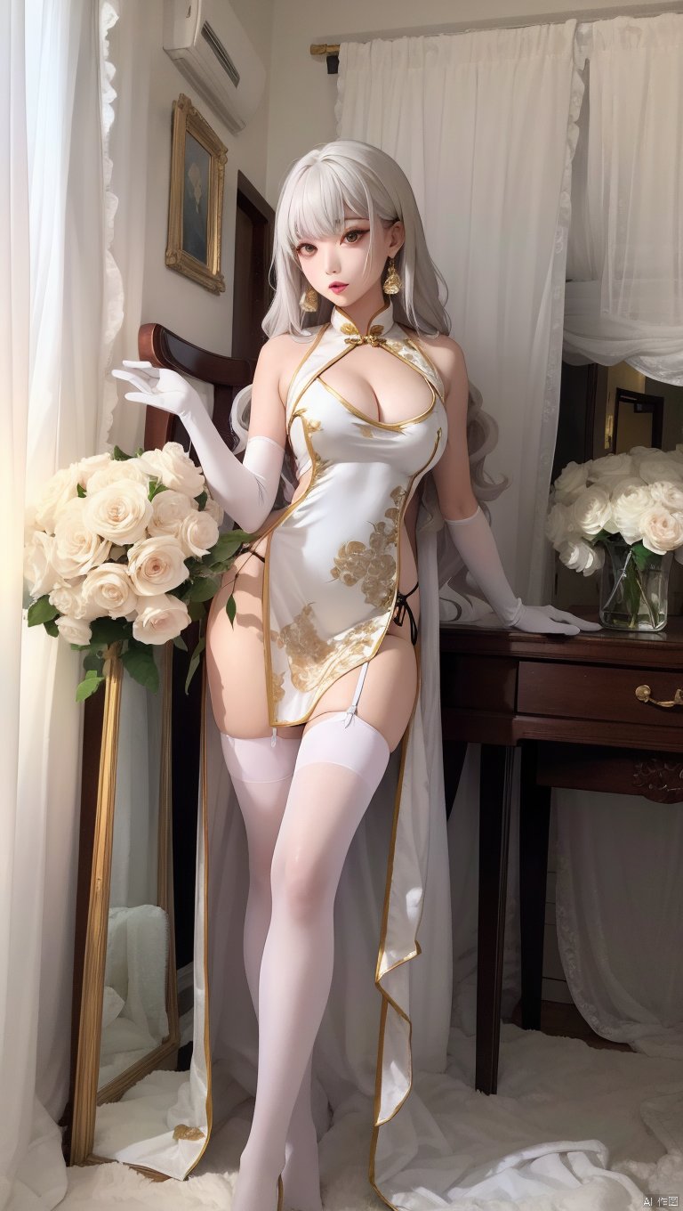  1girl,(lo style:1.5),bangs,lips,dress,long hair,brown eyes,thighhighs,bare shoulders,lo style chinese dress,chinese clothes,lipstick,realistic,bouquet,rose,jewelry,earrings,wavy hair,holding flower,gloves,elbow gloves,white gloves,makeup,white thighhighs,white hair,indoors,curtains,sitting, facing away,chair,flowers,standing,Masterpiece, Poster, Best Quality, poster, 2d game characters, Masterpiece, title, three game characters, Ice Element Tiger Knight
