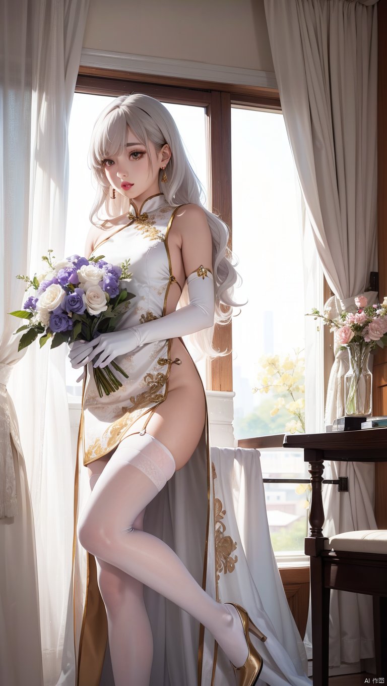  1girl,(lo style:1.5),bangs,lips,dress,long hair,brown eyes,thighhighs,bare shoulders,lo style chinese dress,chinese clothes,lipstick,realistic,bouquet,rose,jewelry,earrings,wavy hair,holding flower,gloves,elbow gloves,white gloves,makeup,white thighhighs,white hair,indoors,curtains,sitting, facing away,chair,flowers,standing,Masterpiece, Poster, Best Quality, poster, 2d game characters, Masterpiece, title, three game characters, Ice Element Tiger Knight
