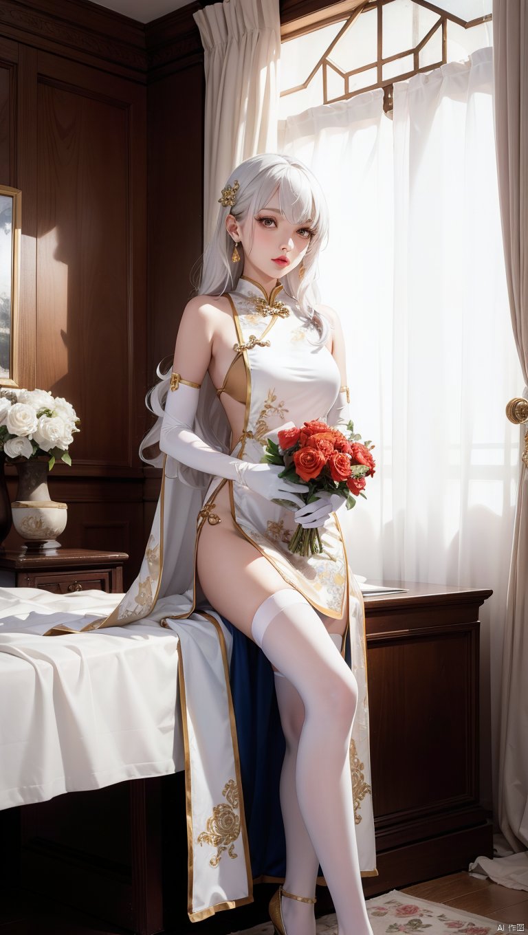  1girl,(lo style:1.5),bangs,lips,dress,long hair,brown eyes,thighhighs,bare shoulders,lo style chinese dress,chinese clothes,lipstick,realistic,bouquet,rose,jewelry,earrings,wavy hair,holding flower,gloves,elbow gloves,white gloves,makeup,white thighhighs,white hair,indoors,curtains,sitting, facing away,chair,flowers,standing,Masterpiece, Poster, Best Quality, poster, 2d game characters, Masterpiece, title, three game characters, Ice Element Tiger Knight
