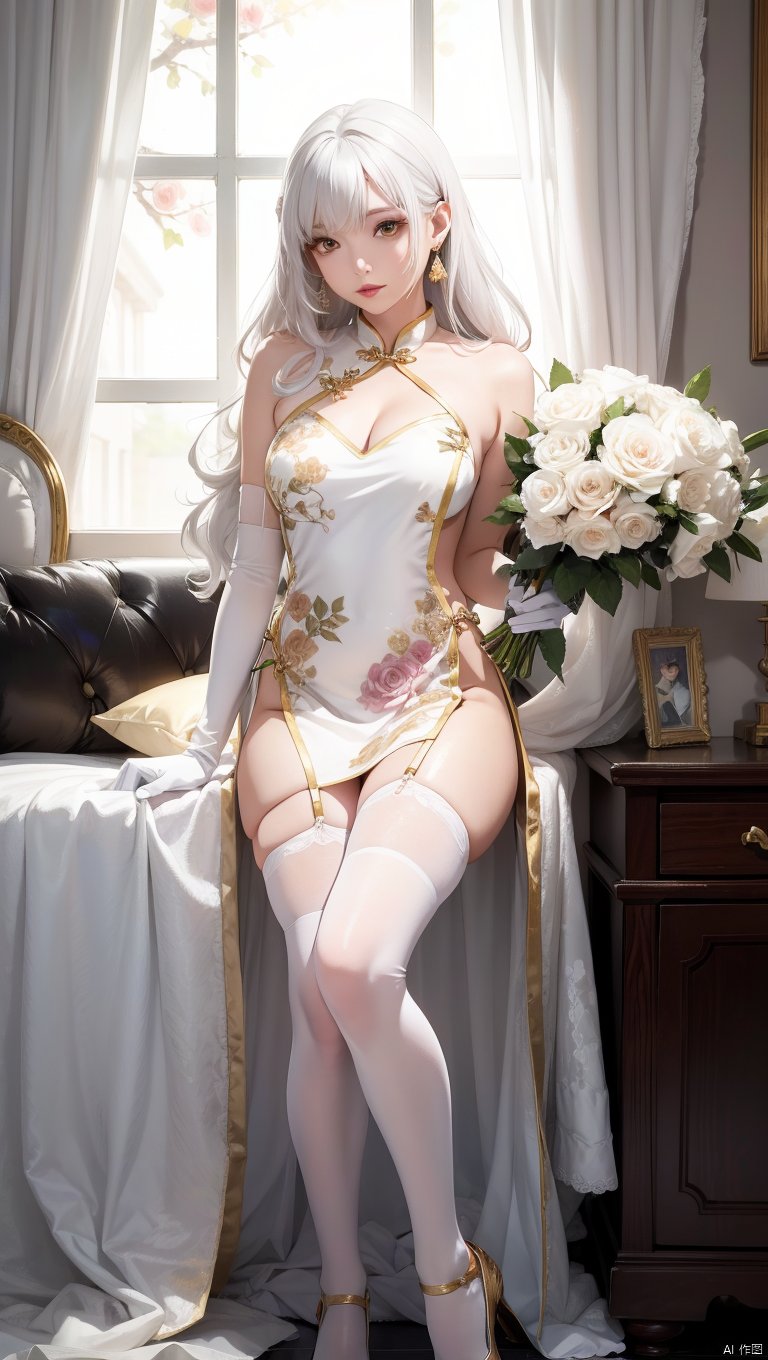  1girl,(lo style:1.5),bangs,lips,dress,long hair,brown eyes,thighhighs,bare shoulders,lo style chinese dress,chinese clothes,lipstick,realistic,bouquet,rose,jewelry,earrings,wavy hair,holding flower,gloves,elbow gloves,white gloves,makeup,white thighhighs,white hair,indoors,curtains,sitting, facing away,chair,flowers,standing,Masterpiece, Poster, Best Quality, poster, 2d game characters, Masterpiece, title, three game characters, Ice Element Tiger Knight
