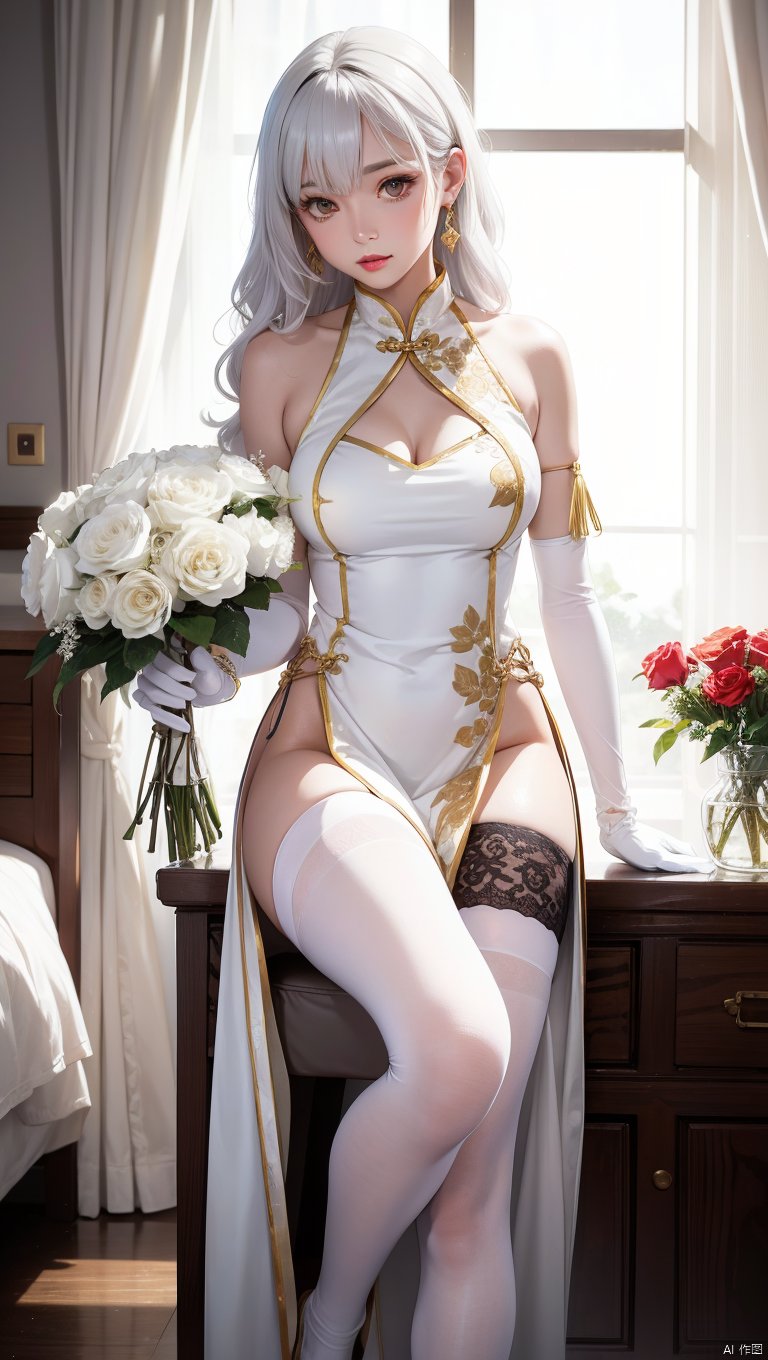  1girl,(lo style:1.5),bangs,lips,dress,long hair,brown eyes,thighhighs,bare shoulders,lo style chinese dress,chinese clothes,lipstick,realistic,bouquet,rose,jewelry,earrings,wavy hair,holding flower,gloves,elbow gloves,white gloves,makeup,white thighhighs,white hair,indoors,curtains,sitting, facing away,chair,flowers,standing,Masterpiece, Poster, Best Quality, poster, 2d game characters, Masterpiece, title, three game characters, Ice Element Tiger Knight
