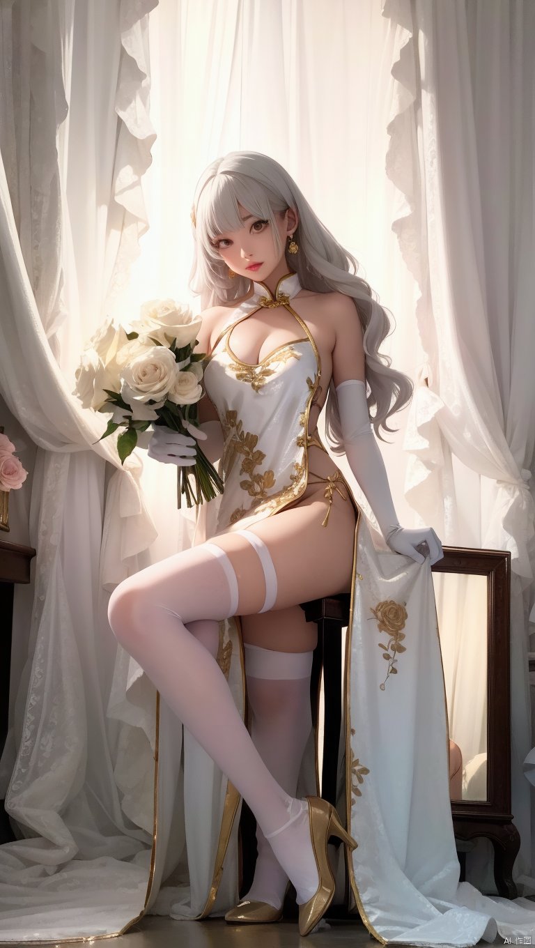  1girl,(lo style:1.5),bangs,lips,dress,long hair,brown eyes,thighhighs,bare shoulders,lo style chinese dress,chinese clothes,lipstick,realistic,bouquet,rose,jewelry,earrings,wavy hair,holding flower,gloves,elbow gloves,white gloves,makeup,white thighhighs,white hair,indoors,curtains,sitting, facing away,chair,flowers,standing,Masterpiece, Poster, Best Quality, poster, 2d game characters, Masterpiece, title, three game characters, Ice Element Tiger Knight
