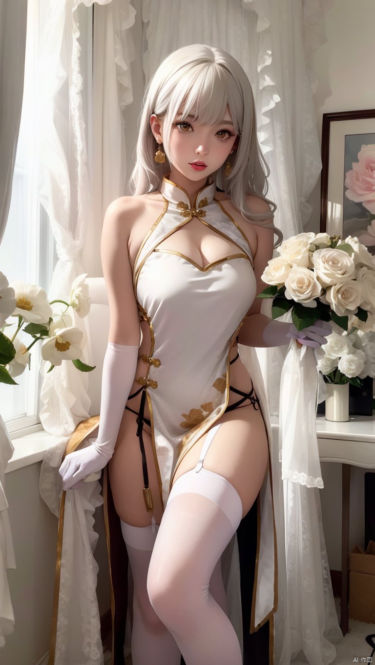  1girl,(lo style:1.5),bangs,lips,dress,long hair,brown eyes,thighhighs,bare shoulders,lo style chinese dress,chinese clothes,lipstick,realistic,bouquet,rose,jewelry,earrings,wavy hair,holding flower,gloves,elbow gloves,white gloves,makeup,white thighhighs,white hair,indoors,curtains,sitting, facing away,chair,flowers,standing,Masterpiece, Poster, Best Quality, poster, 2d game characters, Masterpiece, title, three game characters, Ice Element Tiger Knight
