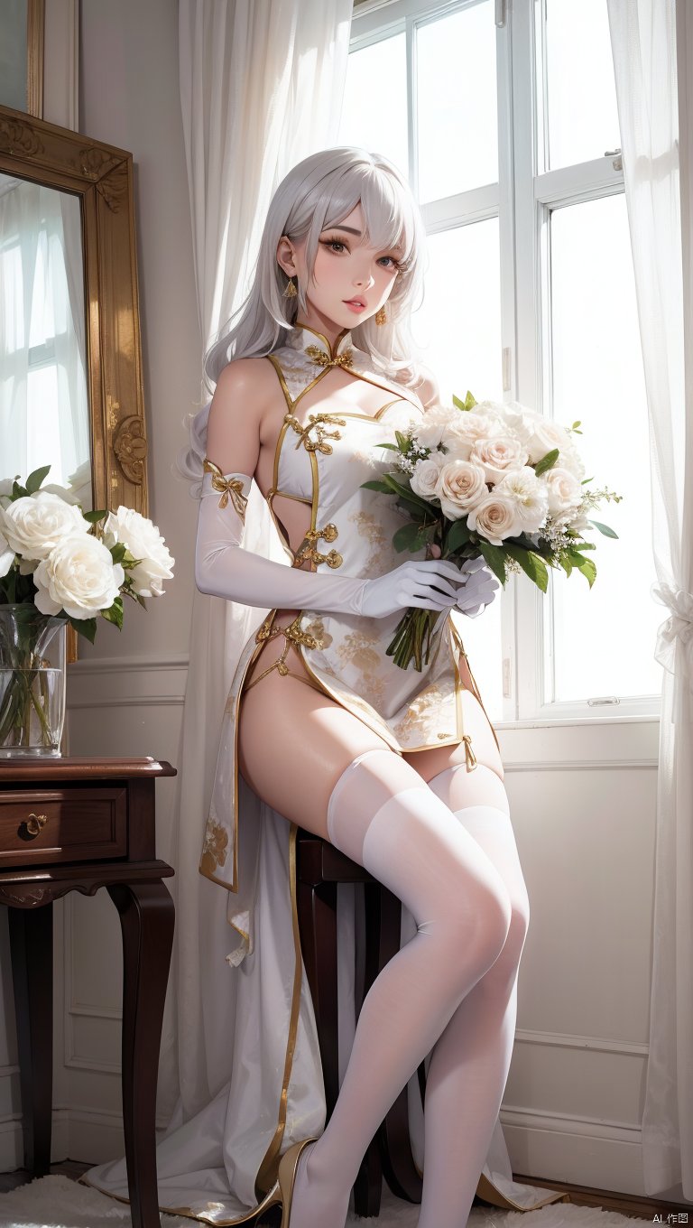  1girl,(lo style:1.5),bangs,lips,dress,long hair,brown eyes,thighhighs,bare shoulders,lo style chinese dress,chinese clothes,lipstick,realistic,bouquet,rose,jewelry,earrings,wavy hair,holding flower,gloves,elbow gloves,white gloves,makeup,white thighhighs,white hair,indoors,curtains,sitting, facing away,chair,flowers,standing,Masterpiece, Poster, Best Quality, poster, 2d game characters, Masterpiece, title, three game characters, Ice Element Tiger Knight
