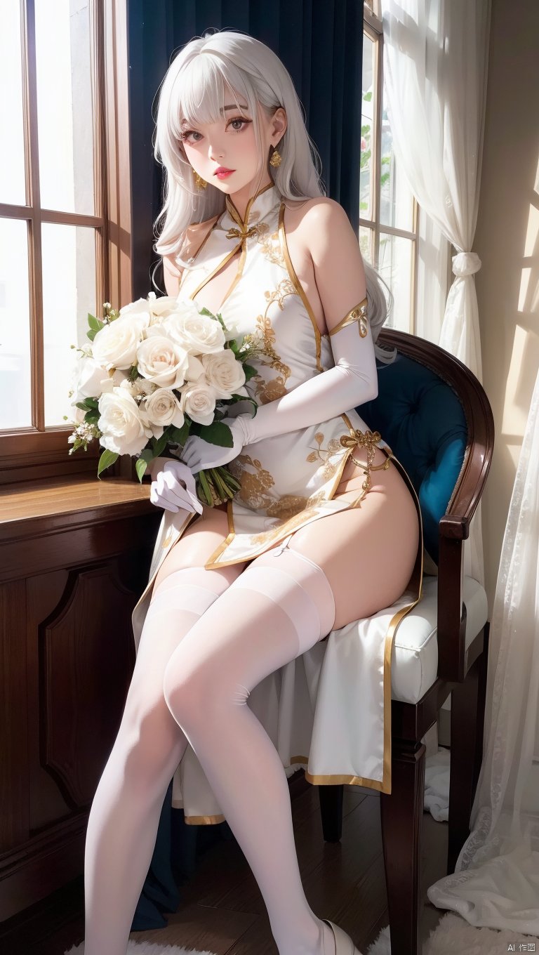  1girl,(lo style:1.5),bangs,lips,dress,long hair,brown eyes,thighhighs,bare shoulders,lo style chinese dress,chinese clothes,lipstick,realistic,bouquet,rose,jewelry,earrings,wavy hair,holding flower,gloves,elbow gloves,white gloves,makeup,white thighhighs,white hair,indoors,curtains,sitting, facing away,chair,flowers,standing,
