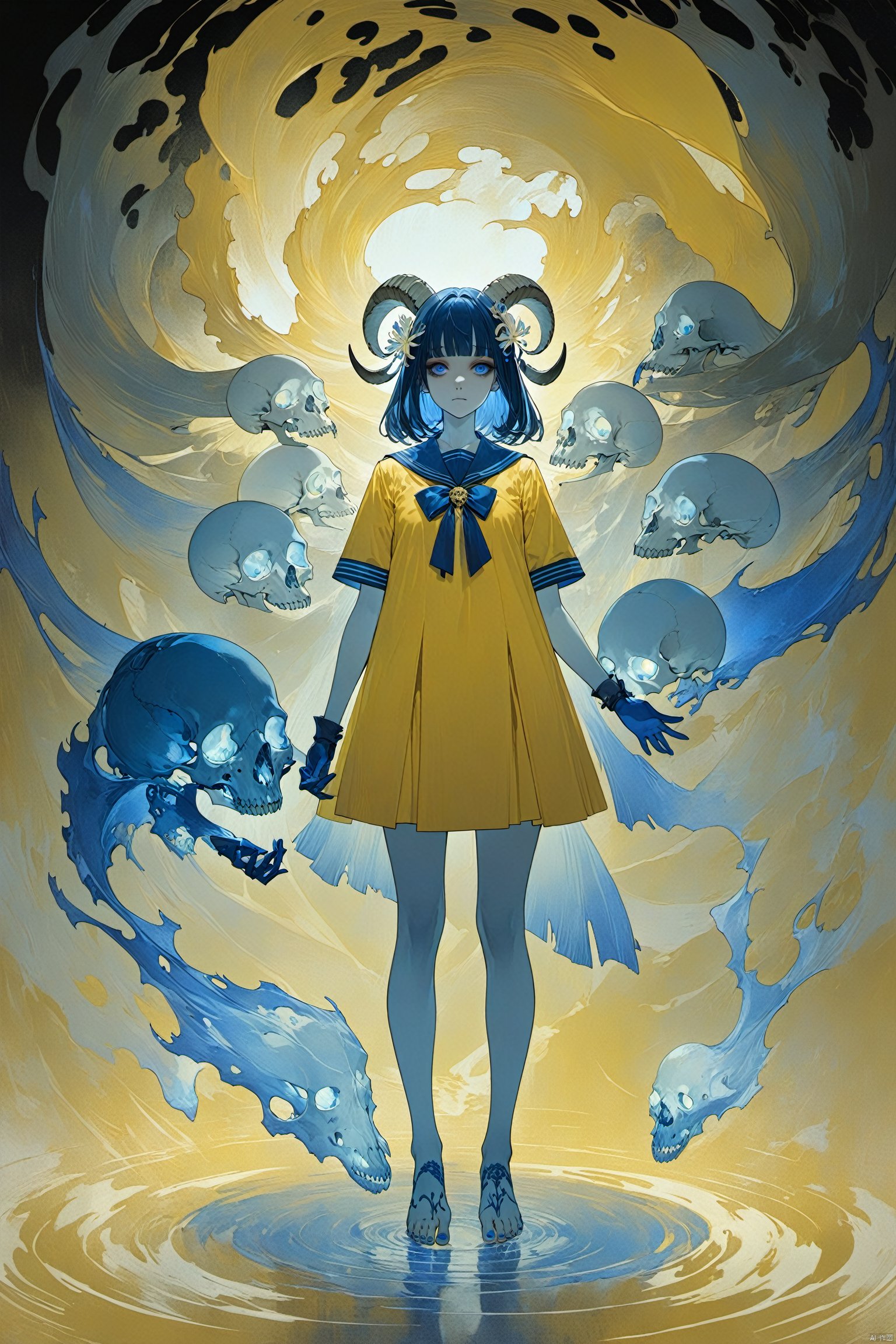  masterpiece,best quality,
(full body),standing,looking at viewer,(solo),
yellow theme,(1girl:1.5),solo,serafuku,lycoris flower,(goat skull:1),(horror),
(gloomy),(blue pigment:1.33),(hollow eyes:1),(expressionless
eyes),cowboy shot,ghost behind,floating animal skull,
(hanya, hair ornament:1.1),1girl,gloves,breasts,toenail
polish,makeup,( good hands, nice hands:0.5),(beautiful face),
((intricate detail)),clear face,