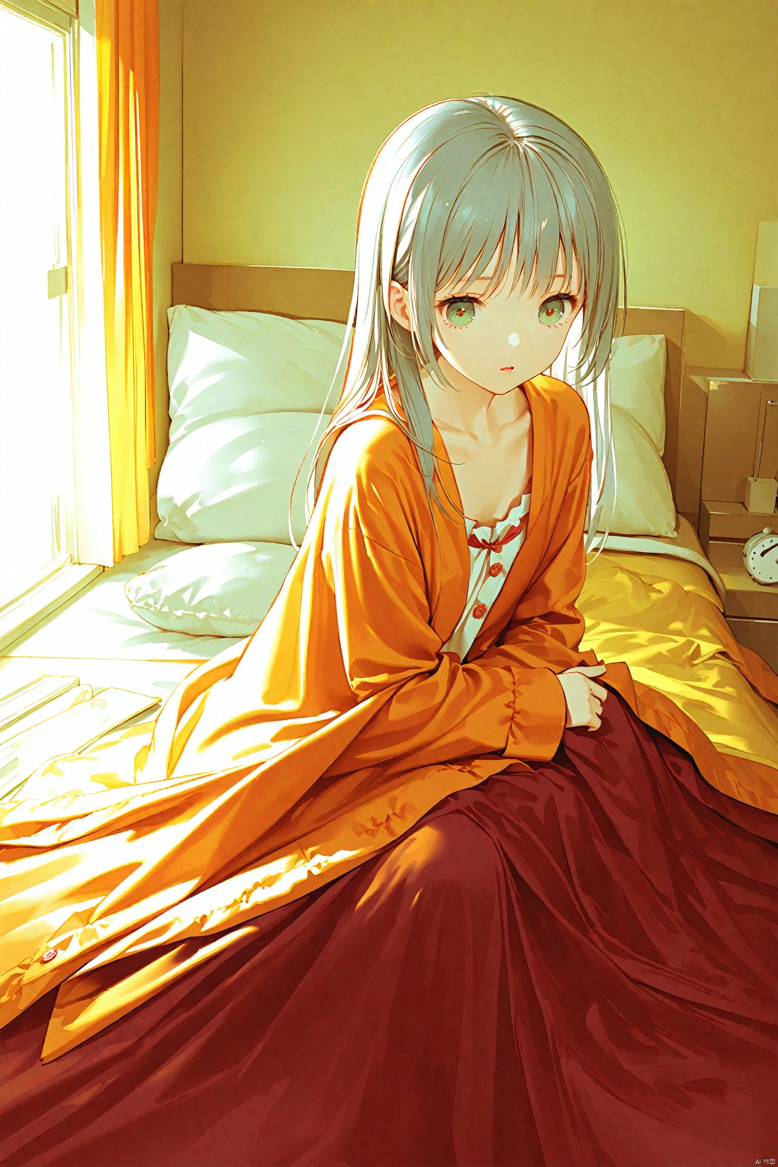 masterpiece,best quality,high quality,(colorful),[iumu],[Artist chen bin],Artist himitsu_(hi_mi_tsu_2),loli,1girl,clock,solo,alarm clock,under covers,green eyes,bed,long hair,pillow,indoors,sunlight,curtains,pajamas,grey hair,blanket,window,collarbone,bangs, , , , , 