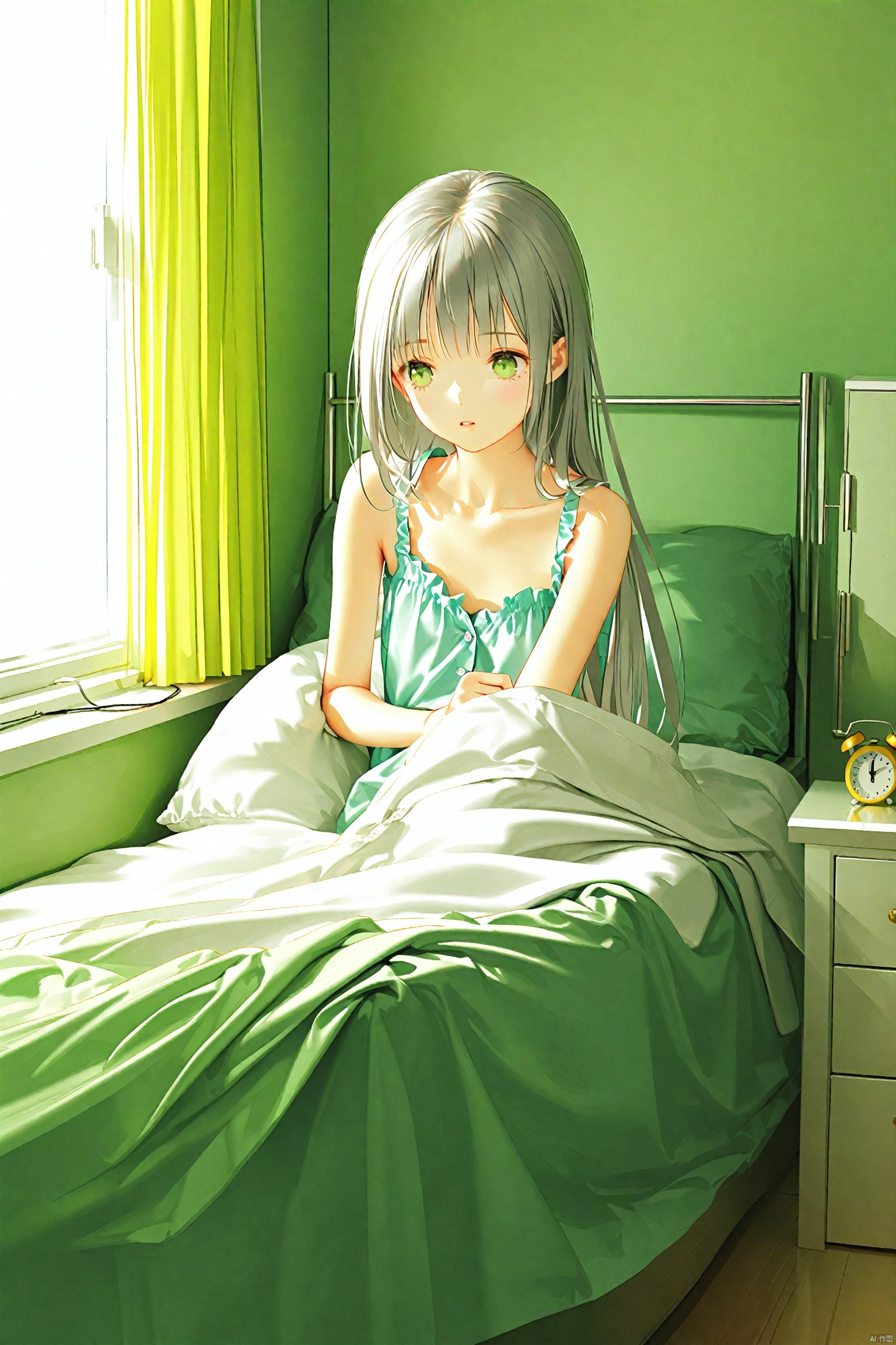 masterpiece,best quality,high quality,(colorful),[iumu],[Artist chen bin],Artist himitsu_(hi_mi_tsu_2),loli,1girl,clock,solo,alarm clock,under covers,green eyes,bed,long hair,pillow,indoors,sunlight,curtains,pajamas,grey hair,blanket,window,collarbone,bangs, , , , , 