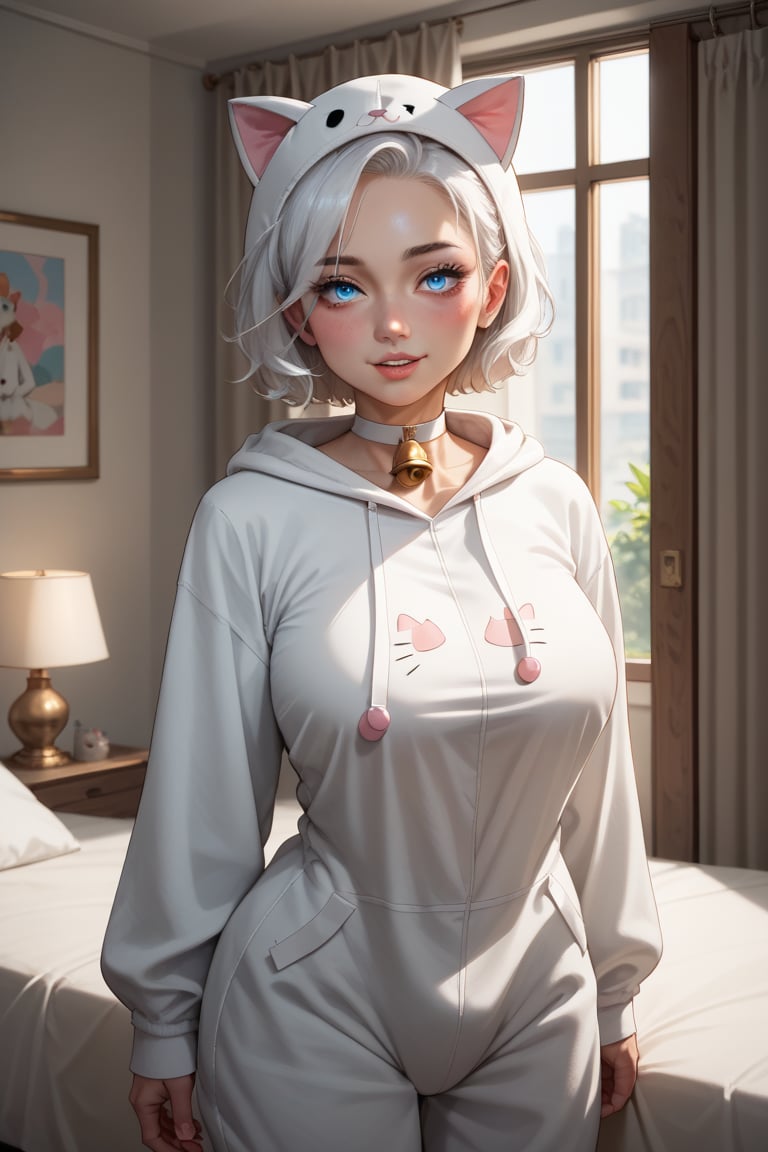 score_9, score_8_up, score_7_up, Expressiveh, bedroom, 1girl, solo, 18 year old, cute face, cute smile, thick black eyelashes, (short white hair), beautiful bright blue eyes, (((white cat onesie))), cat design onesie, blushing, parted lips, large breasts, white choker with bell, white cat ears, arched back, cowboy shot