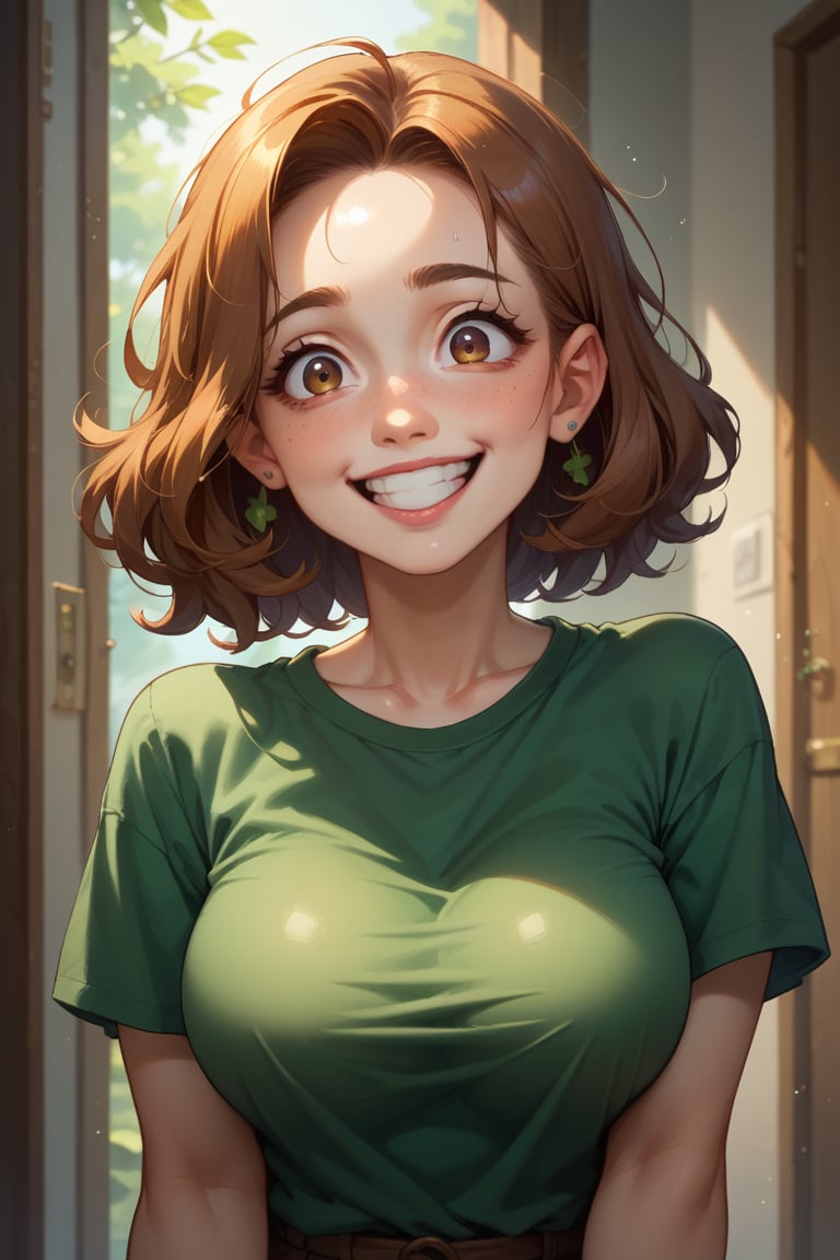 score_9, score_8_up, score_8,
1girl, cute, excited,
white skin, brown eyes,
smiling,  green tshirt, big breasts, shiny, vivad color, score_7_up