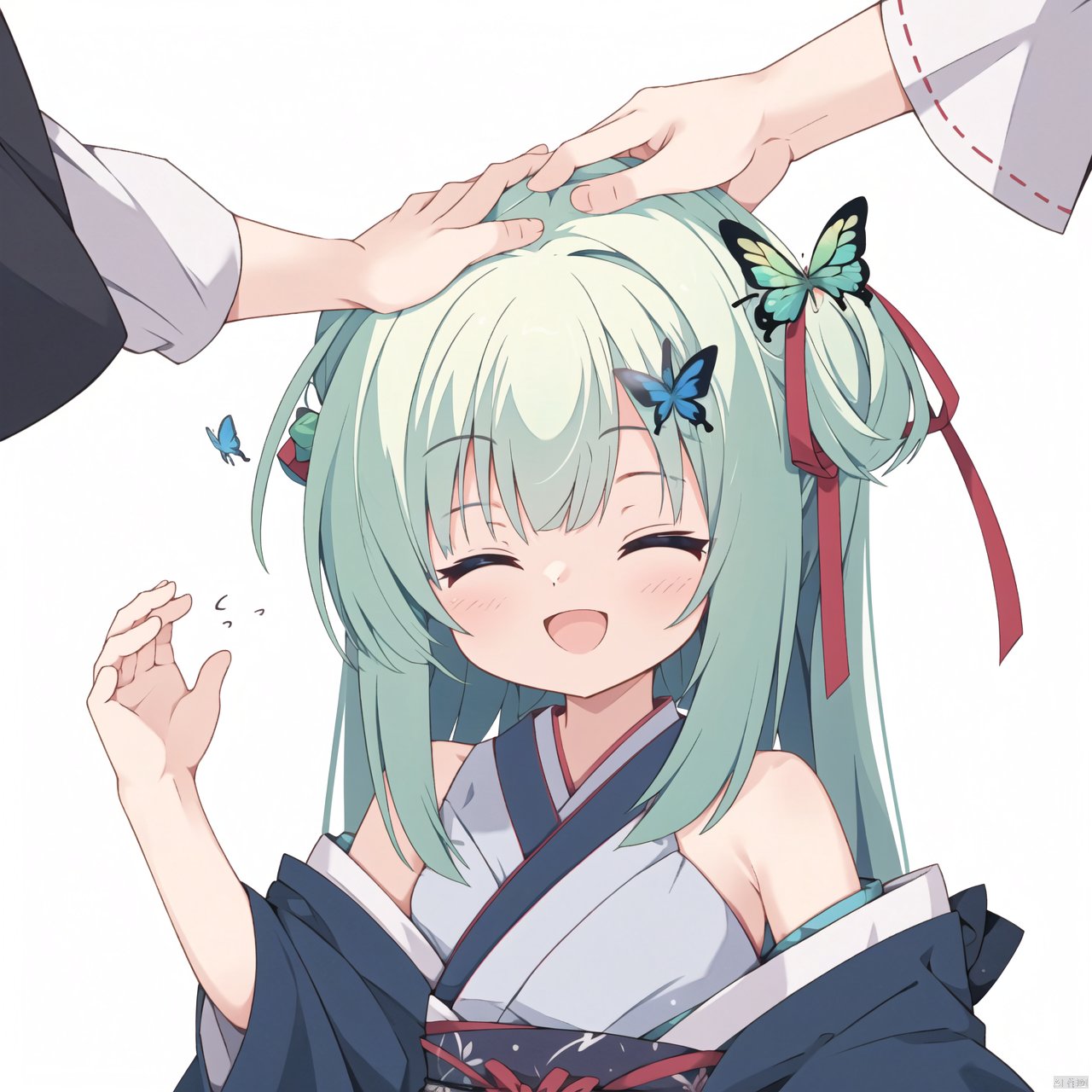 1girl, long hair, blush, smile, open mouth, simple background, hair ornament, white background, ribbon, bare shoulders, closed eyes, hair ribbon, :d, japanese clothes, green hair, solo focus, ^ ^, halterneck, out of frame, hand on another's head, criss-cross halter, butterfly hair ornament, headpat