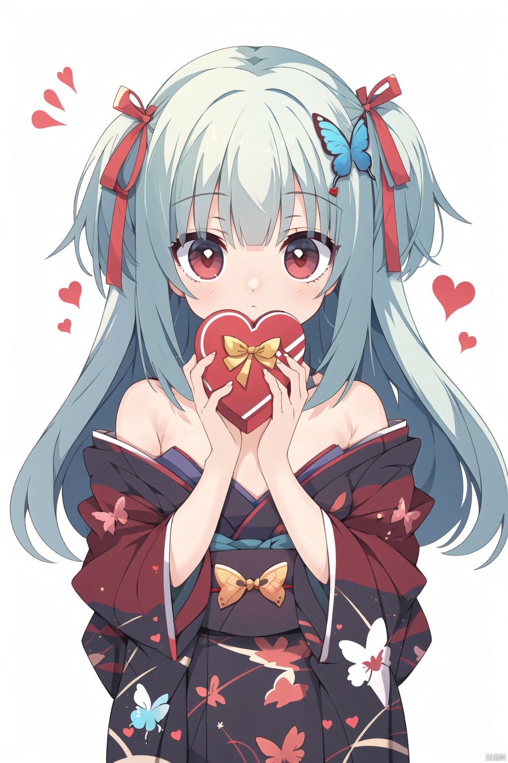 1girl, solo, long hair, looking at viewer, bangs, simple background, hair ornament, red eyes, white background, ribbon, holding, bare shoulders, hair ribbon, japanese clothes, green hair, kimono, two side up, box, gift, valentine, butterfly hair ornament, heart-shaped box