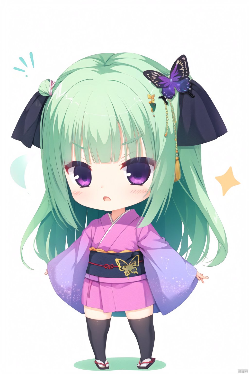 1girl, solo, long hair, blush, open mouth, bangs, simple background, hair ornament, red eyes, thighhighs, long sleeves, white background, bow, ribbon, purple eyes, full body, hair ribbon, japanese clothes, green hair, black thighhighs, wide sleeves, blunt bangs, kimono, chibi, red ribbon, two side up, v-shaped eyebrows, sash, blush stickers, obi, :<, butterfly hair ornament, triangle mouth, black kimono, short kimono, hanging