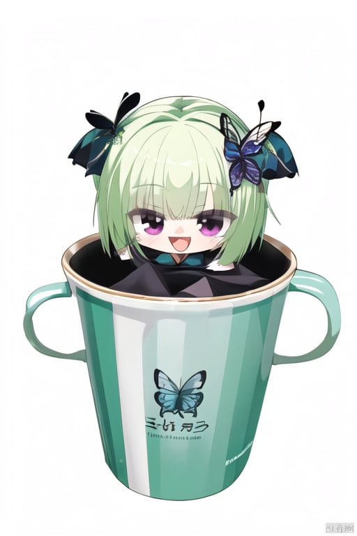  1girl, solo, blush, smile, open mouth, bangs, simple background, hair ornament, red eyes, long sleeves, white background, ribbon, purple eyes, hair ribbon, :d, detached sleeves, green hair, wide sleeves, chibi, two side up, cup, minigirl, mug, purple ribbon, black sleeves, butterfly hair ornament, notice lines, in container, in cup