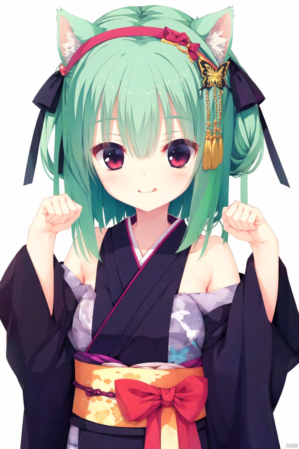 1girl, solo, long hair, looking at viewer, blush, smile, bangs, simple background, hair ornament, red eyes, long sleeves, white background, ribbon, animal ears, hair between eyes, bare shoulders, closed mouth, hair ribbon, upper body, hairband, japanese clothes, green hair, tongue, cat ears, tongue out, wide sleeves, kimono, red ribbon, two side up, animal ear fluff, hands up, sash, obi, black hairband, :q, paw pose, butterfly hair ornament, black kimono