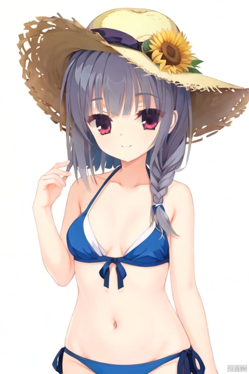 1girl, solo, long hair, breasts, looking at viewer, smile, simple background, red eyes, hat, white background, navel, swimsuit, braid, flower, grey hair, bikini, single braid, black bikini, sun hat, straw hat, sunflower, hat flower