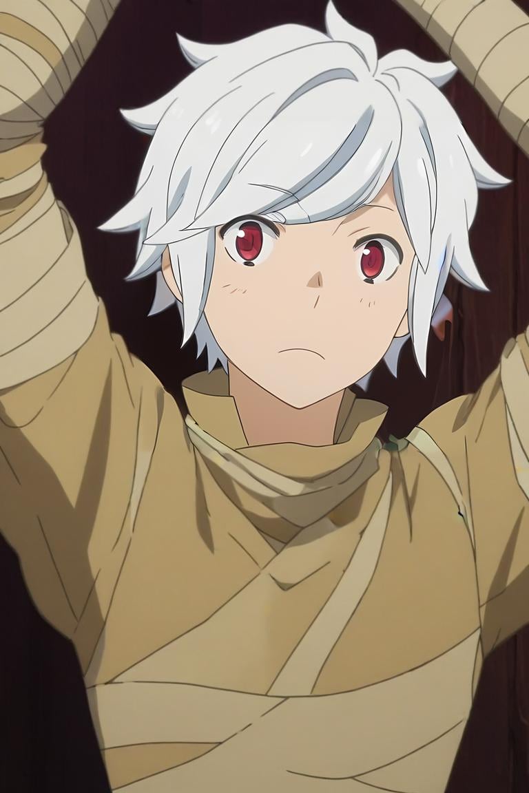 score_9, score_8_up, score_7_up, source_anime, anime screencap, , , , , , 1boy, solo, male focus, <lora:bell_cranel_pony:0.78>, bell_cranel, white hair, red eyes, mummy costume, biopunk, Arms raised in victory or celebration, <lora:sdxl_lightning_8step_lora:1>