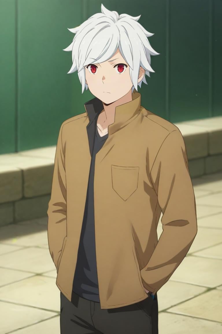 score_9, score_8_up, score_7_up, source_anime, (realistic:0.6), , , depth of field, 1boy, solo, male focus, <lora:bell_cranel_pony:0.94>, bell_cranel, white hair, red eyes, , , Hands in pockets, displaying a casual attitude, <lora:sdxl_lightning_8step_lora:1>