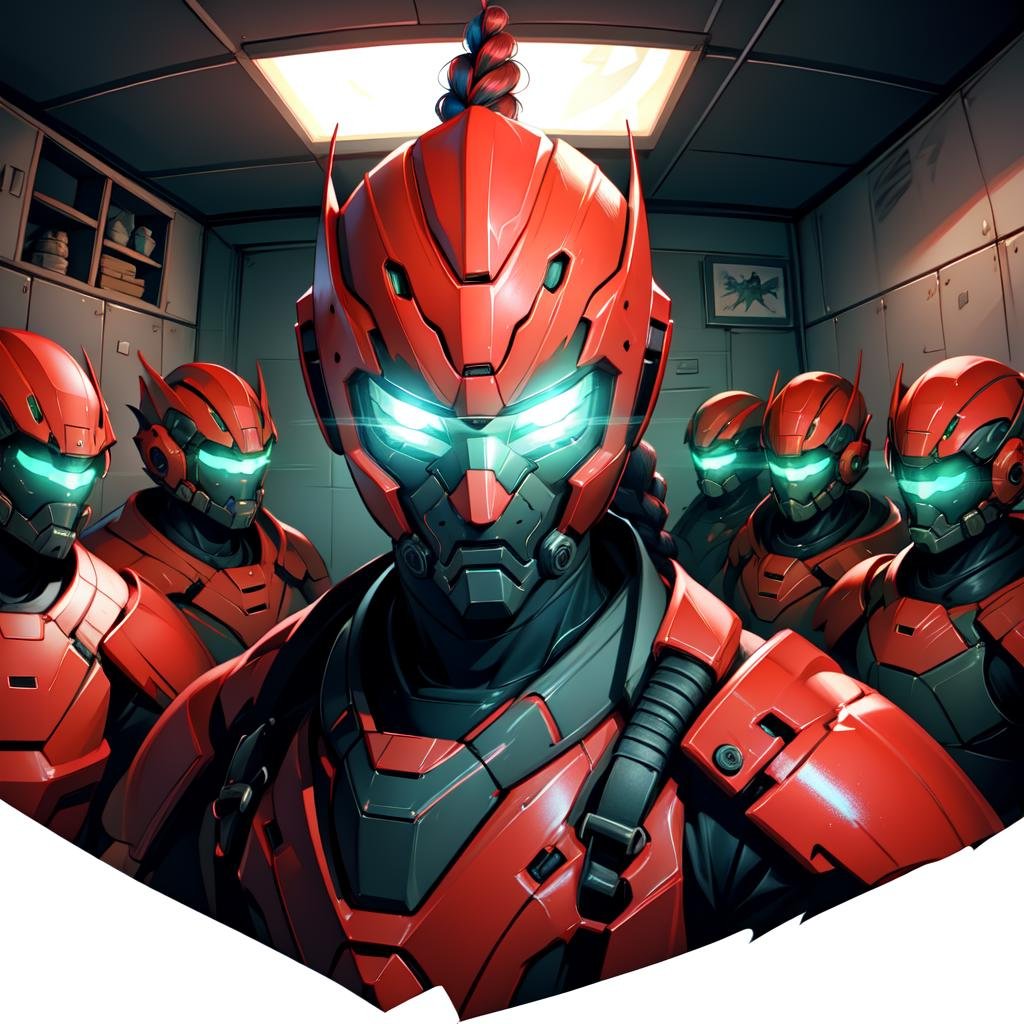 professional 3d model (masterpiece, best quality:1),(mecha 3girls and boys:1.11),(red power armors:1.1),(sci fi detailed helmet on head with mask:0.9),glowing green eyes,looking at viewer,military squad,pink single braid,(fisheye),alert,fire in iron room,nuclear bomb,absurdres,HDR,detailed background,indoors,colorful,<lora:nukeops14ssv0.99.64tx2.2-011-000001:0.4> . octane render,highly detailed,volumetric,dramatic lighting