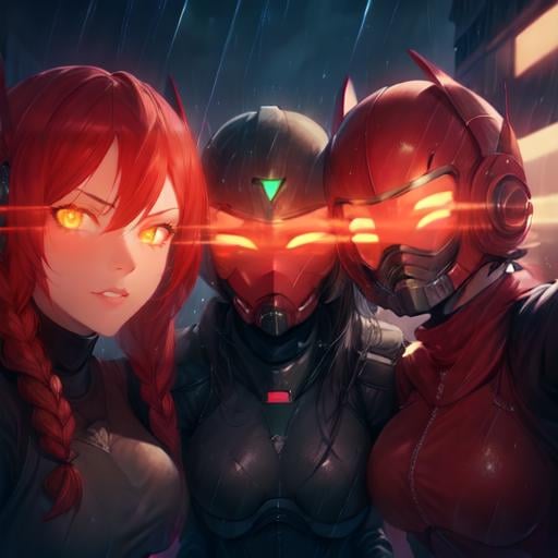 Neon noir (masterpiece, best quality:1),(3girls and boys:1.1),(red power armor:1.1),(sci fi helmet on head with glowing green eyes,mask:0.8),looking at viewer,military squad,single braid,(selfie),absurdres,HDR,colorful,detailed background,outdoors,<lora:nukeops14ssv0.99.64tx2.2-011-000001:0.34> . Cyberpunk, dark, rainy streets, neon signs, high contrast, low light, vibrant, highly detailed