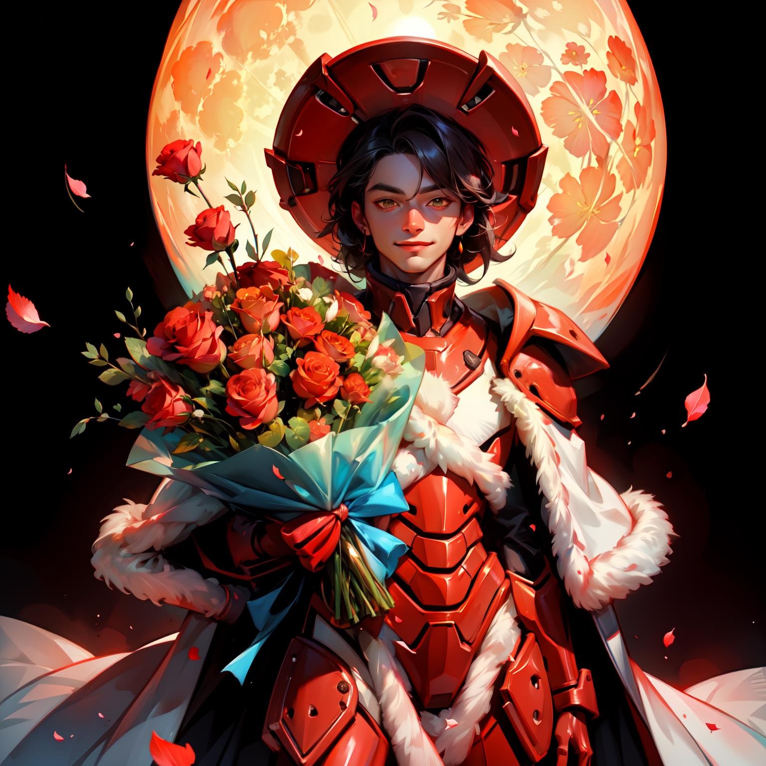 (masterpiece, best quality, beautiful and aesthetic, cozy:1.1),(beautiful 1boy holds out a beautiful bouquet of roses to the viewer:1.1),solo boy,rose gives for viewer,International Women's Day style,happiness celebration,(snukp),(boy in metal red power armor:1.15) BREAK(pretty smile determined face),(the most beautiful male face in the world:0.9),(beautiful detailed symmetrical expression eyes:0.9),looking at viewer,(cowboy shot),spring,flower petals in the air,absurdres,HDR,detailed background,big moon at sky,colorful,soft light,[floral pattern],<lora:nukeops14ssv0.99.64tx2.2-011-000001:0.38>